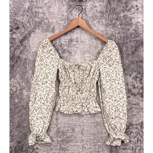 Reformation Top XS Womens Pimento Linen Floral Smocked Long Sleeve Crop